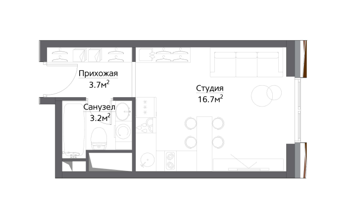 Планировка студии апартаментов 25,50 м2 в жилом комплексе Метрополия